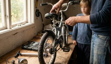 Ouder stelt het zadel van een kinderfiets af in de tuin voor het nieuwe schooljaar