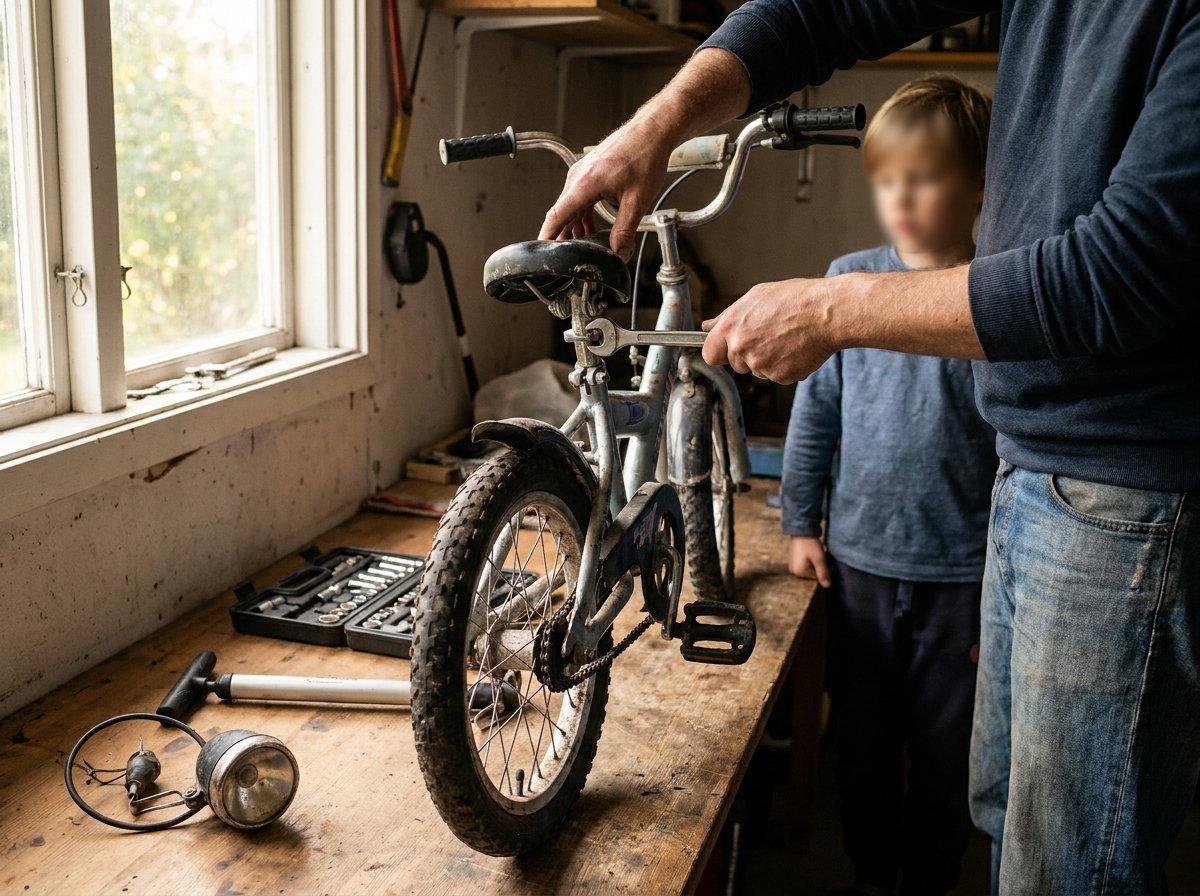 Ouder stelt het zadel van een kinderfiets af in de tuin voor het nieuwe schooljaar