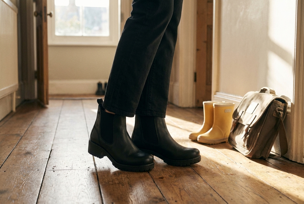 Zwarte chelsea boots in een gezinsgang