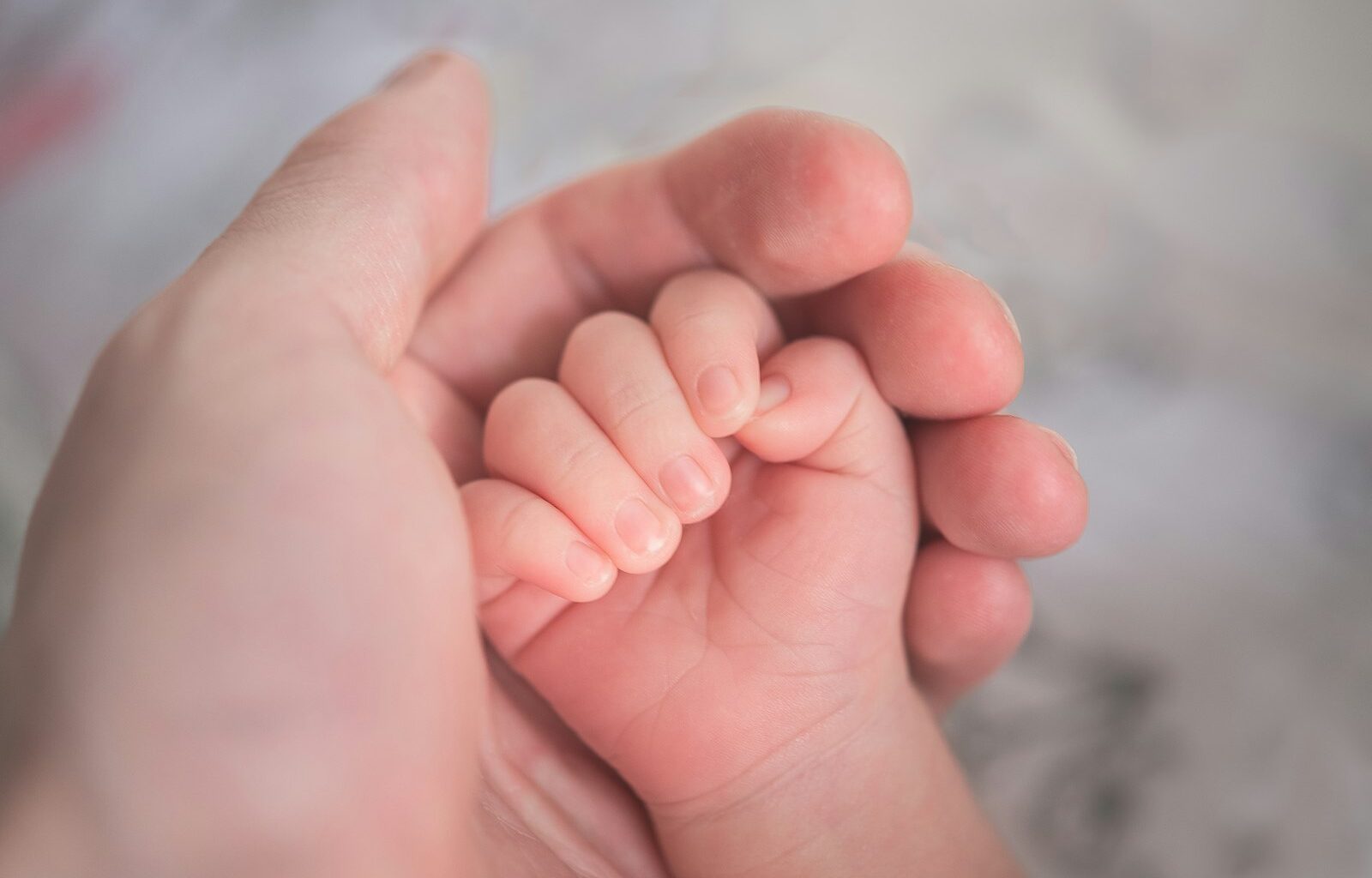 Babyhandje dat de vinger van een ouder vasthoudt