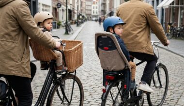 Fiets met een kinderzitje voorop en een kinderzitje achterop naast elkaar