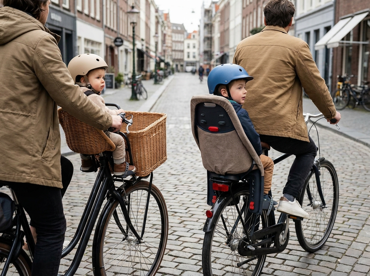 Fiets met een kinderzitje voorop en een kinderzitje achterop naast elkaar