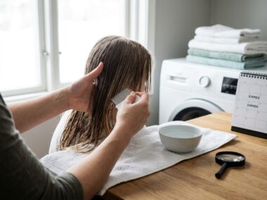 Ouder kamt het haar van een kind met een fijntandige netenkam boven een wit vel papier