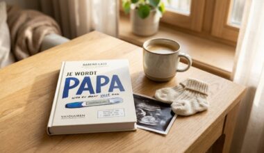 Het boek Je wordt papa, wen er maar vast aan op een houten tafel met koffie en babysokjes