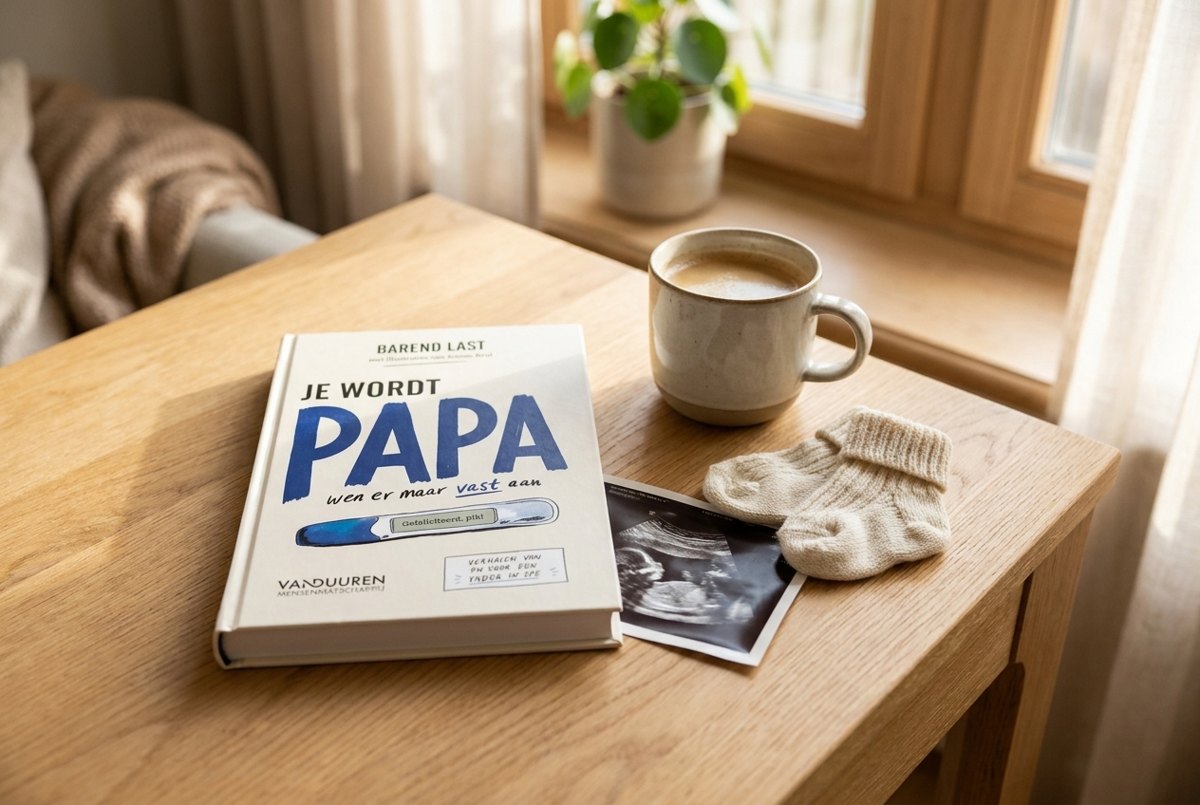 Het boek Je wordt papa, wen er maar vast aan op een houten tafel met koffie en babysokjes