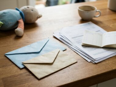 Ouder aan de keukentafel met post van de Belastingdienst en een laptop