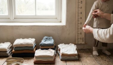 Meetlint langs een deurpost met kinderkleding in verschillende maten ernaast