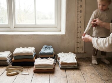 Meetlint langs een deurpost met kinderkleding in verschillende maten ernaast