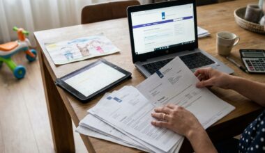 Ouder aan de keukentafel met laptop en het contract van de kinderopvang