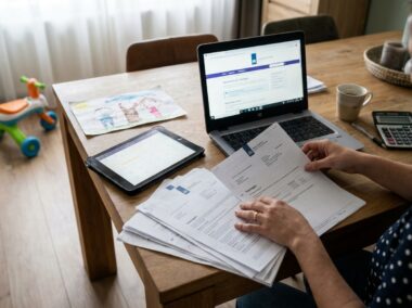 Ouder aan de keukentafel met laptop en het contract van de kinderopvang