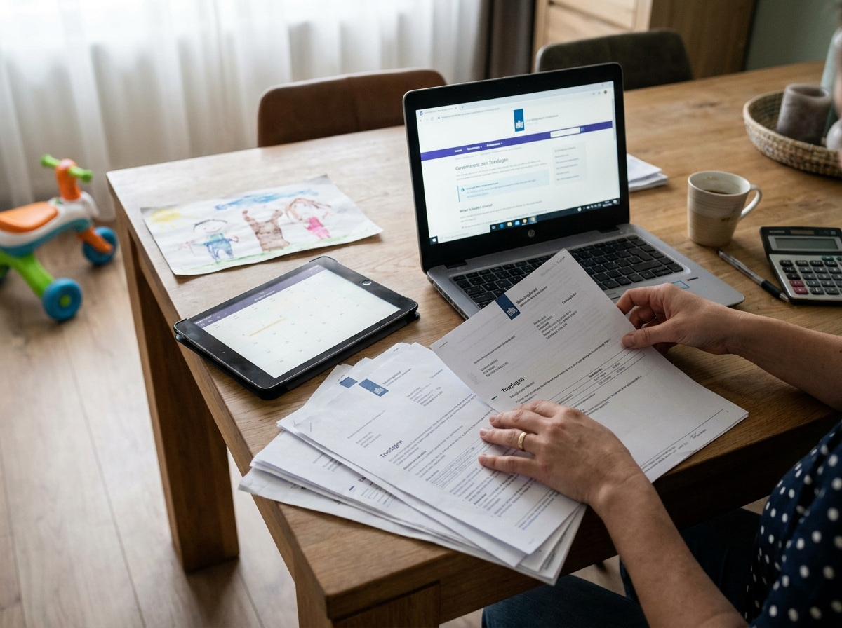 Ouder aan de keukentafel met laptop en het contract van de kinderopvang