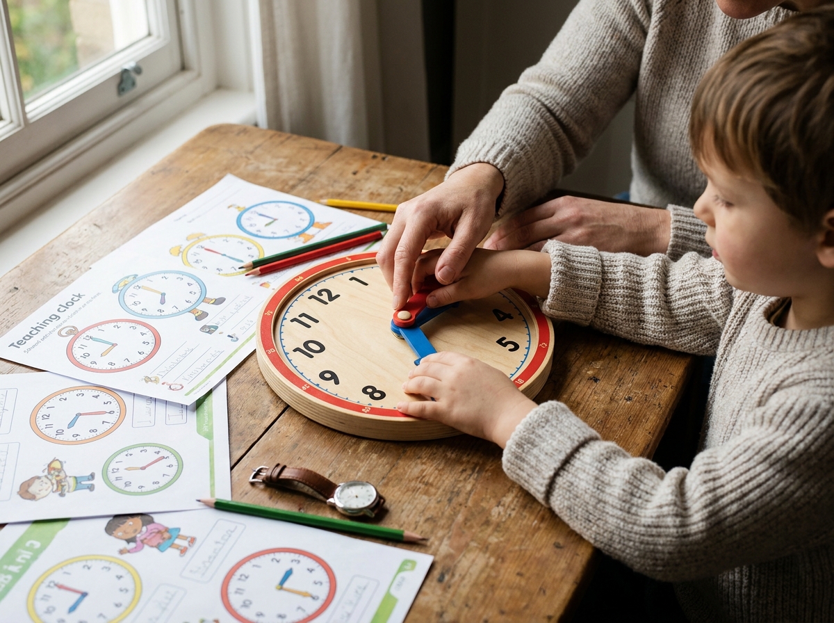 Kind aan de keukentafel met een oefenklok met verzetbare wijzers