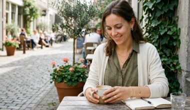 Vrouw met gouden sieraden aan een koffie op een terras