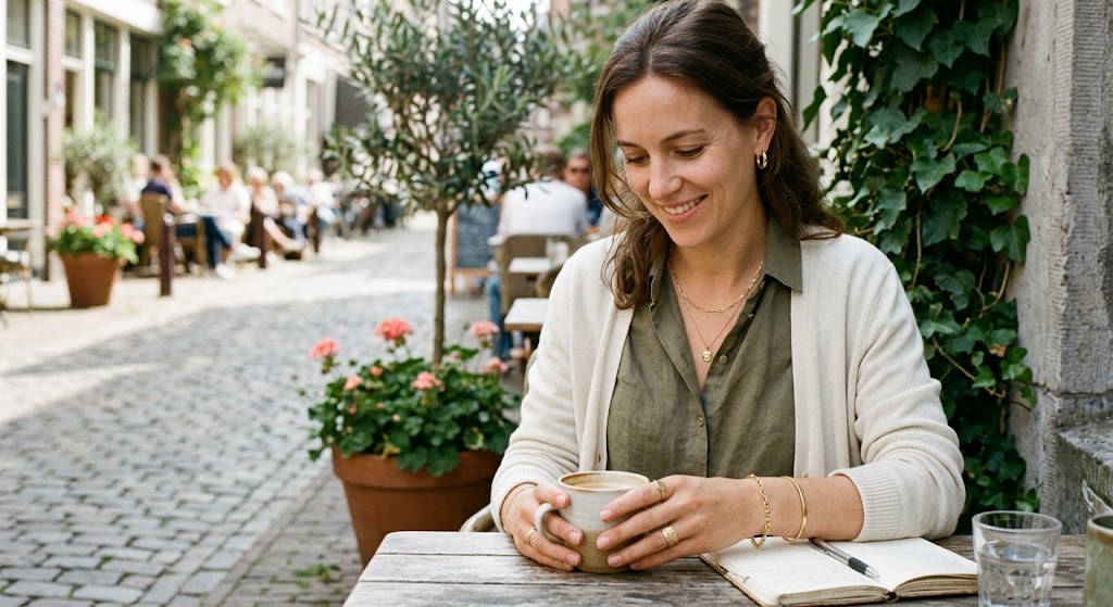 Vrouw met gouden sieraden aan een koffie op een terras