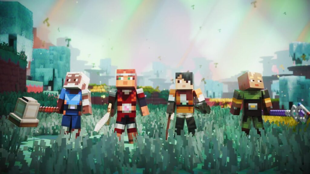 Vier helden uit Minecraft Dungeons II staan klaar in een kleurrijk landschap