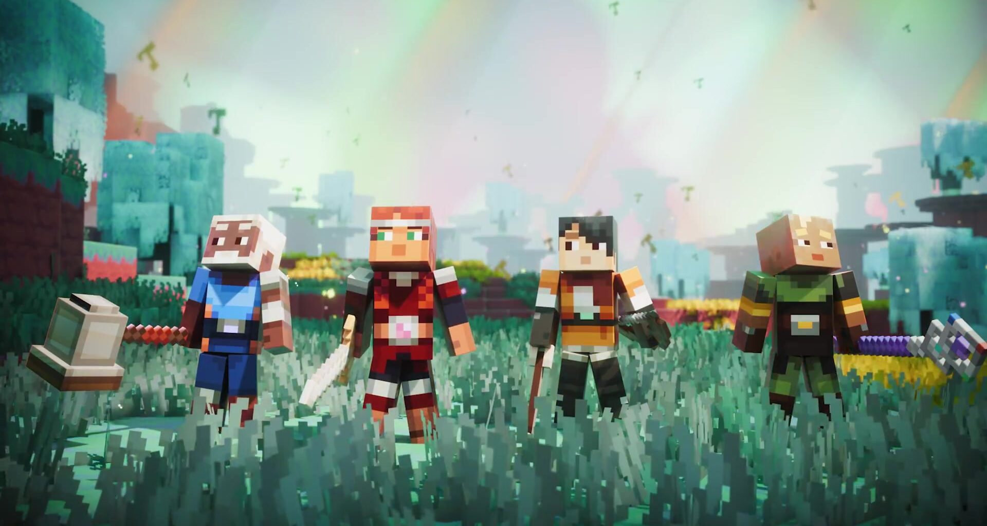 Vier helden uit Minecraft Dungeons II staan klaar in een kleurrijk landschap