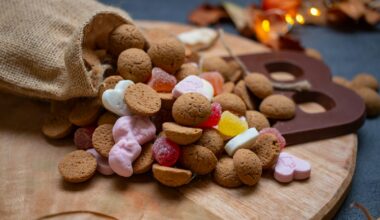 Pepernoten en snoepgoed uit een jutezak op een houten plank, met een chocoladeletter ernaast