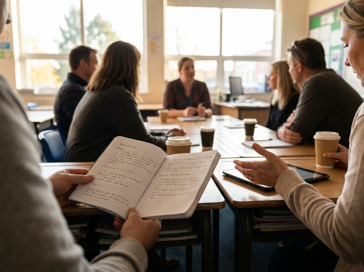 Ouder en leerkracht in gesprek aan een tafel in een klaslokaal