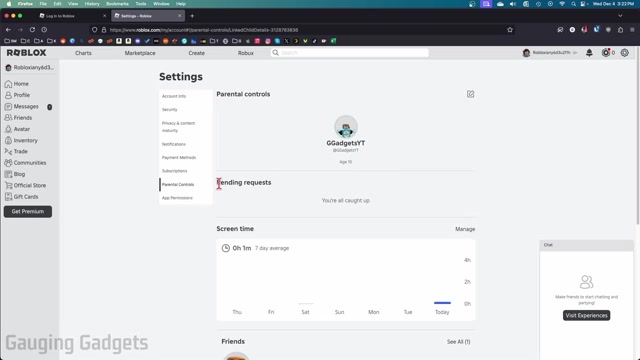 Het scherm Ouderlijk toezicht in Roblox met schermtijd van een kinderaccount