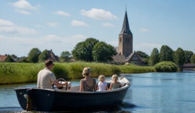 Gezin vaart met een sloep op een Fries meer