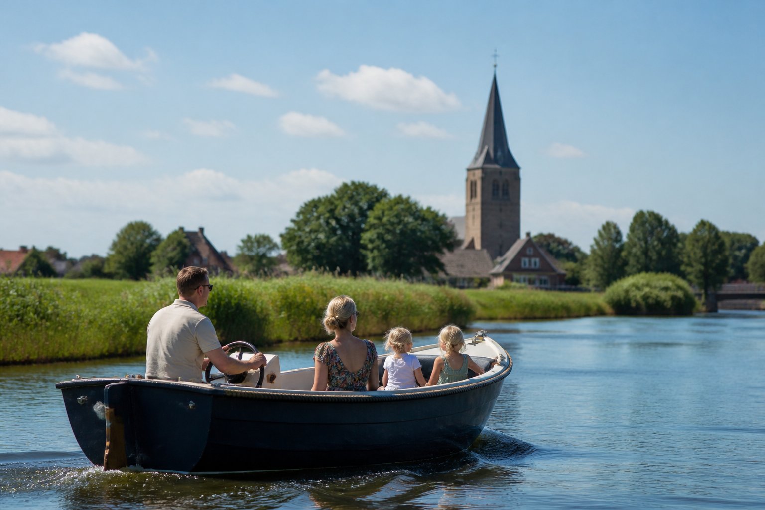 Gezin vaart met een sloep op een Fries meer