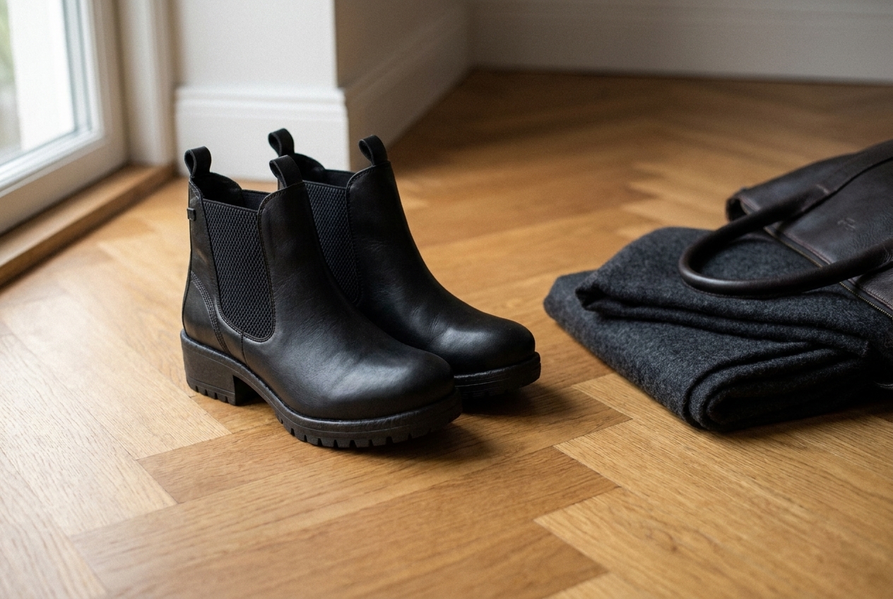 Lazamani Lia, zwarte leren chelsea boot