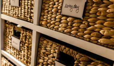 Rieten opbergmanden met labels in een kast