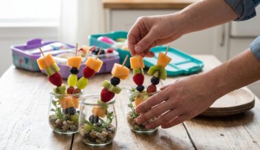 Fruitspiesjes met aardbei, meloen en druif rechtop in een halve watermeloen