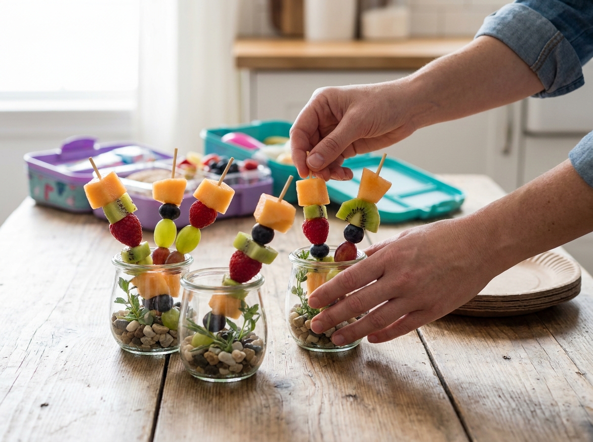 Fruitspiesjes met aardbei, meloen en druif rechtop in een halve watermeloen