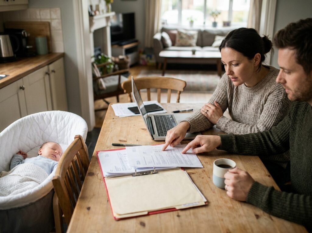 Ouder met baby op de arm bekijkt verlofpapieren aan de keukentafel