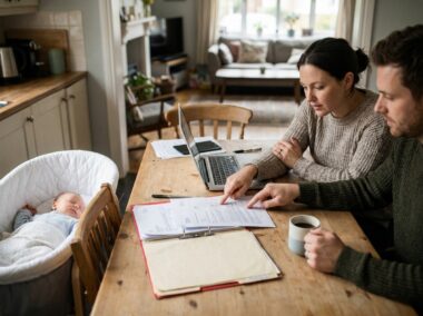 Ouder met baby op de arm bekijkt verlofpapieren aan de keukentafel