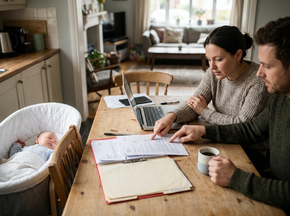 Ouder met baby op de arm bekijkt verlofpapieren aan de keukentafel