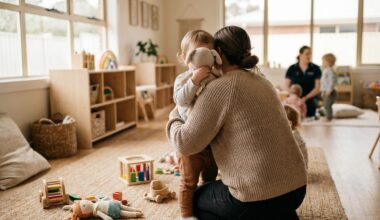 Ouder neemt afscheid van een peuter bij de garderobe van een kinderdagverblijf