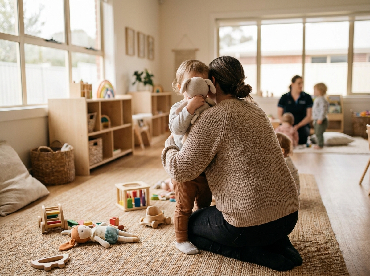Ouder neemt afscheid van een peuter bij de garderobe van een kinderdagverblijf