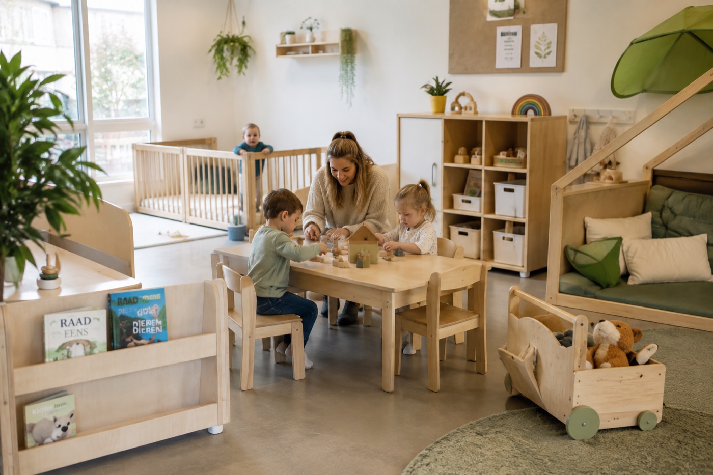 Groepsruimte van een kinderopvang met lage meubels en speelhoeken