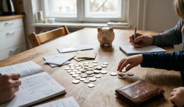 Kind telt muntgeld uit een portemonnee aan de keukentafel