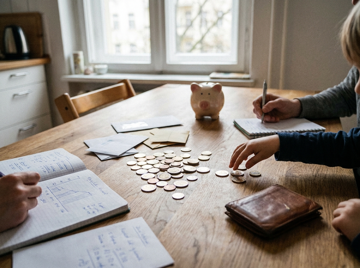 Kind telt muntgeld uit een portemonnee aan de keukentafel