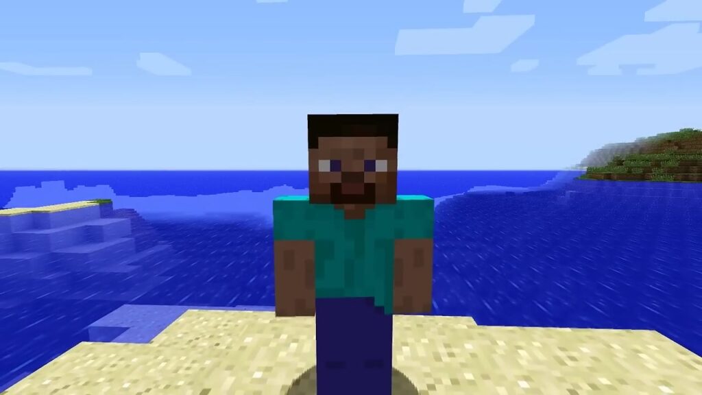 Minecraft-personage Steve staat op een strand aan zee