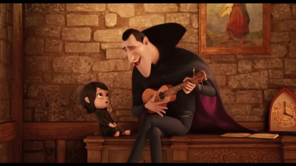 Dracula speelt ukelele voor zijn dochtertje Mavis in Hotel Transylvania