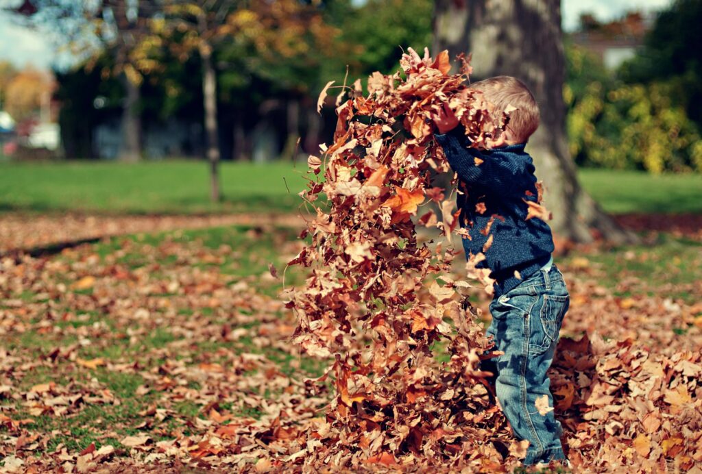 Kinderen spelen buiten in de herfstbladeren