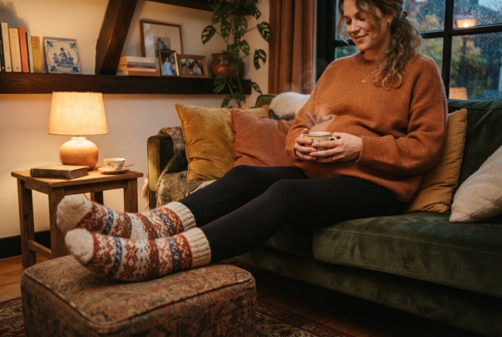 Zwangere vrouw met haar benen omhoog op een poef in de woonkamer