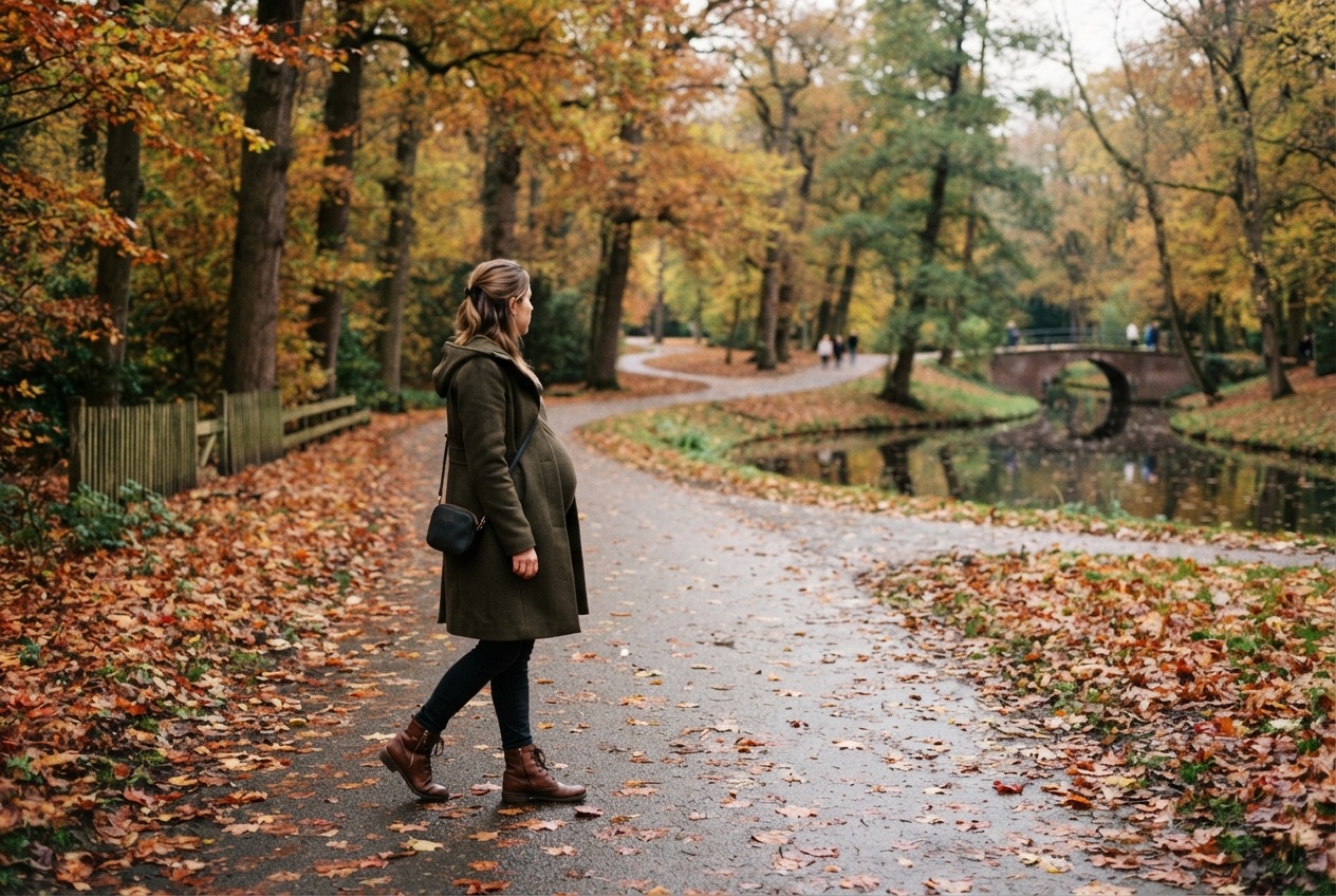 Zwangere vrouw maakt een rustige herfstwandeling in het park